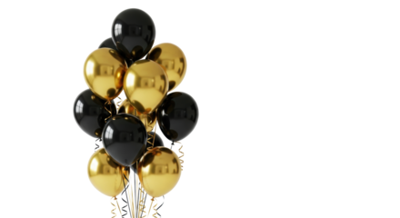 glossy black latex and reflective gold mylar helium balloons floating against a transparent studio backdrop, high contrast lighting, maximizing copy space right. luxury celebration atmosphere