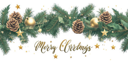 Elegant golden merry christmas greeting banner with pine branches ornaments and falling glitter stars on transparent background