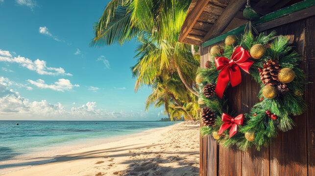 Christmas wreath on tropical beach wooden hut with palm trees. - Powered by Adobe