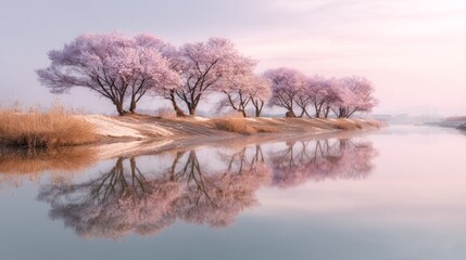 Delicate cherry blossom trees stand in full bloom next to a calm river, their vibrant flowers reflecting beautifully in the still water during a tranquil dawn