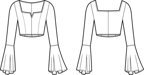Front and back view of a white long sleeve cropped blouse with square neckline and bell sleeves vector