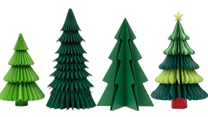 Four festive green paper honeycomb christmas trees of varying sizes and styles arranged in a row against a black background