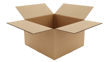 An empty open cardboard box with flaps extended ready for packing or shipping isolated on a black background