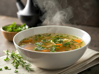 Crystal Clear Winter Vegetable Broth with Floating Herbs and Steam