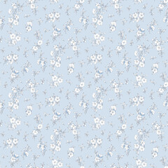 Flower pattern, floral seamless pattern, cottagecore ditsy tile print, sakura flower on blue background. Small white flower blossom, blue tone style design for fashion, texture, fabric, wallpaper