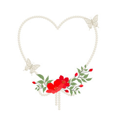 Elegant Heart Shaped Pearl Border with Red Flowers and Butterflies. Romantic White Pearl Heart Wreath with Deep Red Blossoms. Vector Illustration of Pearl Frame for Wedding or Valentine's Day.