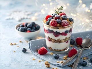 &ldquo;Winter Yogurt Parfait with Blueberries, Raspberries, and Granola Flatlay