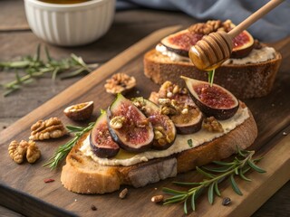 Artisan Toast with Roasted Figs, Walnuts, and Honey on Rustic Winter Board