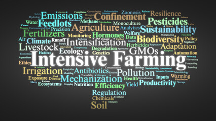 Intensive Farming Word Cloud. Key Terms On Industrial Agriculture And Environmental Impacts