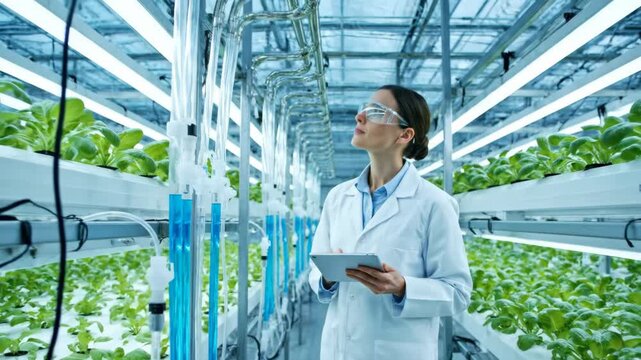 Woman researcher uses a digital tablet in a lab for plant analysis. Scientist working in a vertical farm for sustainable agriculture.