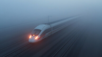 High-speed train slicing through the fog with precision. Its bright headlights pierce the dense atmosphere. Tracks guide it forward into the misty unknown.