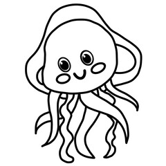 Smiling Cartoon Jellyfish with Tentacles Black and White Ocean Creature Illustration