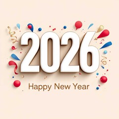 Bold white 3d text proclaiming 2026 happy new year surrounded by festive confetti and streamers on white background