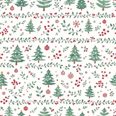 Charming seamless pattern featuring watercolor Christmas trees holly berries and festive winter holiday decorations on white background
