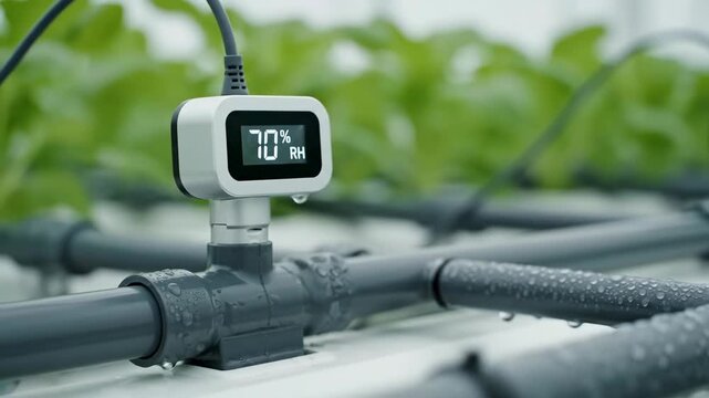 Digital sensor showing relative humidity on a pipe. Smart farming technology for precision agriculture control and crop monitoring.