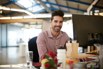 Journalist, portrait or man in office with happiness, experience or pride in media job. Confidence, creative or male person in newsroom with tech, press or career growth in publishing industry.