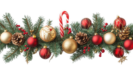Festive Christmas garland border featuring pine branches ornaments candy cane and natural winter holiday decorations on transparent background