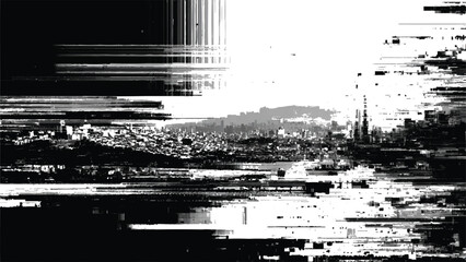 Fototapeta premium distorted urban cityscape glitch effect, black and white digital error background, cyberpunk abstract city skyline
