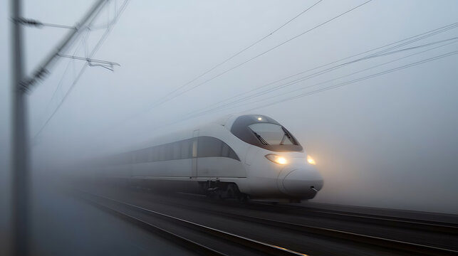 High-speed train glides through heavy fog. Modern design, focused headlights pierce the mist. Motion blur adds to the drama and speed. Railway transport in challenging weather. - Powered by Adobe
