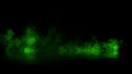 Green abstract smoke steam moves on black background texture . The concept of aromatherapy. Reflections on water. Stock illustration.