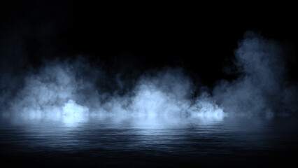 Blue abstract smoke steam moves on black background texture . The concept of aromatherapy. Reflections on water. Stock illustration.