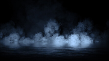 Blue abstract smoke steam moves on black background texture . The concept of aromatherapy. Reflections on water. Stock illustration.
