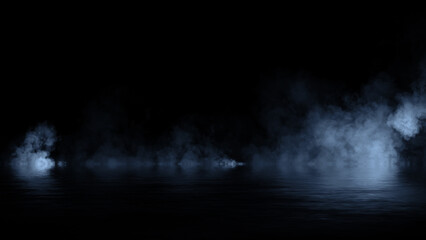 Blue abstract smoke steam moves on black background texture . The concept of aromatherapy. Reflections on water. Stock illustration.