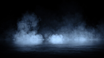 Blue abstract smoke steam moves on black background texture . The concept of aromatherapy. Reflections on water. Stock illustration.