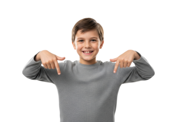 a young caucasian boy in a grey shirt smiles confidently, pointing proudly to his chest. photorealistic medium studio shot on a bright white background with ample copy space. concept of youthful