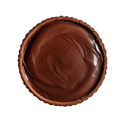 Chocolate tart with ganache filling overhead view on transparent background