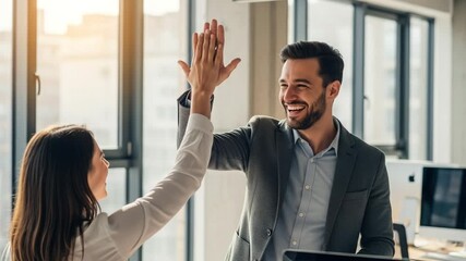 Energetic colleagues celebrating team success with high five in modern office, fostering collaboration and positive work environment