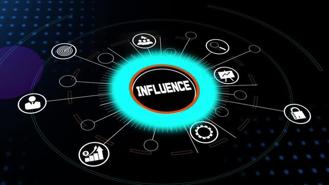 Digital futuristic interface showing business influence and strategic marketing power, Visualizing key drivers and communication strength in a high-tech environment