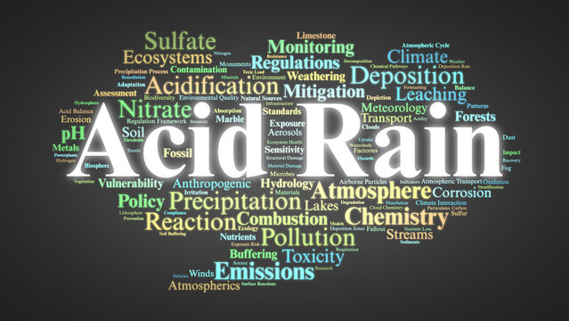Acid Rain Word Cloud. Core Terms On Atmospheric Chemistry, Deposition, And Ecosystem Impact