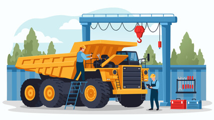 Large yellow dump truck undergoing maintenance by two mechanics in a workshop setting. © PDWN Creative