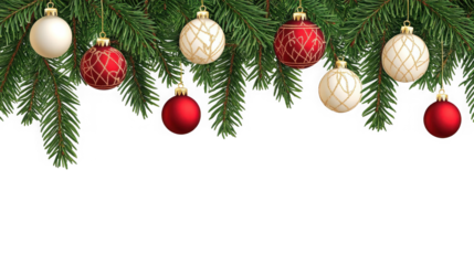 Festive fir branch border adorned with shiny red and white Christmas ornaments hanging against on transparent background