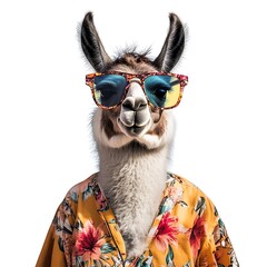 Naklejka premium An alpaca, wearing sunglasses and a tropical shirt. The alpaca is looking directly at the camera with a playful expression. 
