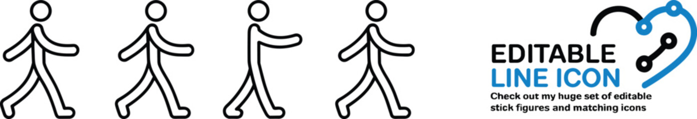 Four walking stick figure icons and an editable line icon graphic movement
