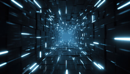 A futuristic digital tunnel filled with glowing lines and geometric patterns representing advanced technology and virtual space.