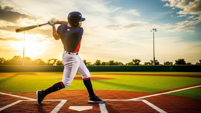 Baseball player with a baseball bat on a baseball field in spectacular style. 4k video