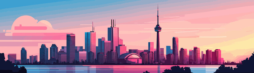 Fototapeta premium Toronto city skyline with CN Tower at sunset reflected on water minimalist flat style vector urban landscape illustration panoramic view of downtown skyscrapers and iconic landmarks