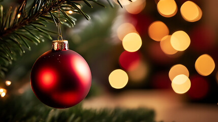 Festive Christmas: A close-up of a red ornament hanging gracefully from a pine branch, with bokeh lights adding a touch of magic. Perfect for holiday cheer!