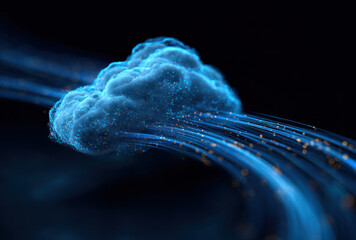 A digital cloud illustration with glowing data streams representing modern computing and data transmission.
