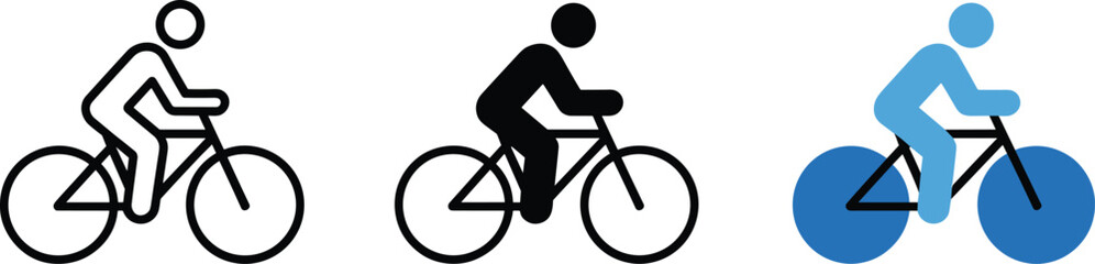 Three styles of a cyclist icon showing a person riding a bicycle Keywords: cyclist, bicycle, bike, riding, sport, recreation