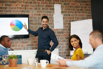 Business, man and presentation for team in office for planning, finance report and data analysis. People, explain and meeting with analytics, financial stats and budget review for investment funding