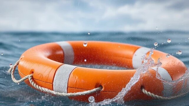 A bright orange lifebuoy floats on the choppy, blue water with a splash erupting behind it.