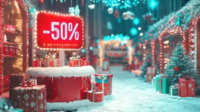 Festive holiday display with a glowing red neon 50 percent off sign surrounded by colorful gift boxes, decorated Christmas tree and gentle snowfall for seasonal marketing