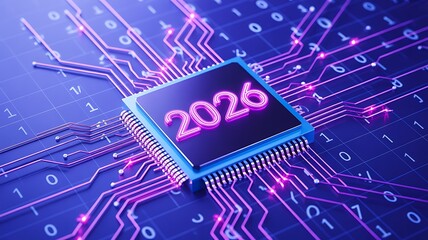 Futuristic 2026 technology concept with glowing microchip and digital circuit board

