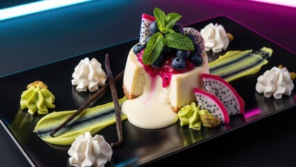 Gourmet slice of cheesecake with dragon fruit, blueberries, mint, and vanilla bean garnish on a black plate with neon lighting in the background