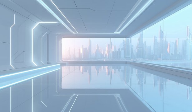 Large, empty room with a window that shows a city - Powered by Adobe