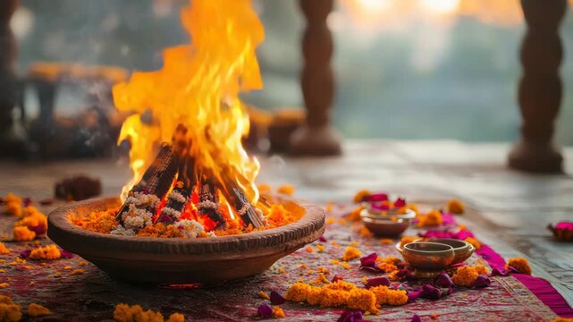 Hindu puja sacred flame flickers in a clay lamp on an ornate rug, surrounded by colorful flower petals and offerings, symbolizing devotion, purification and light